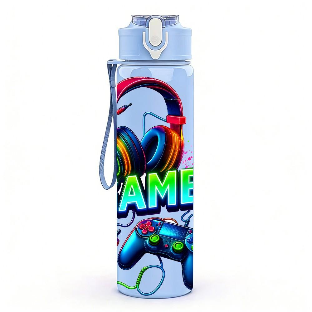 1PC Gamer Headphone Graphic 750ml Color Plastic Sports Water Bottle Leakproof Flip Straw Lid Suitable for Sports Office Home Use