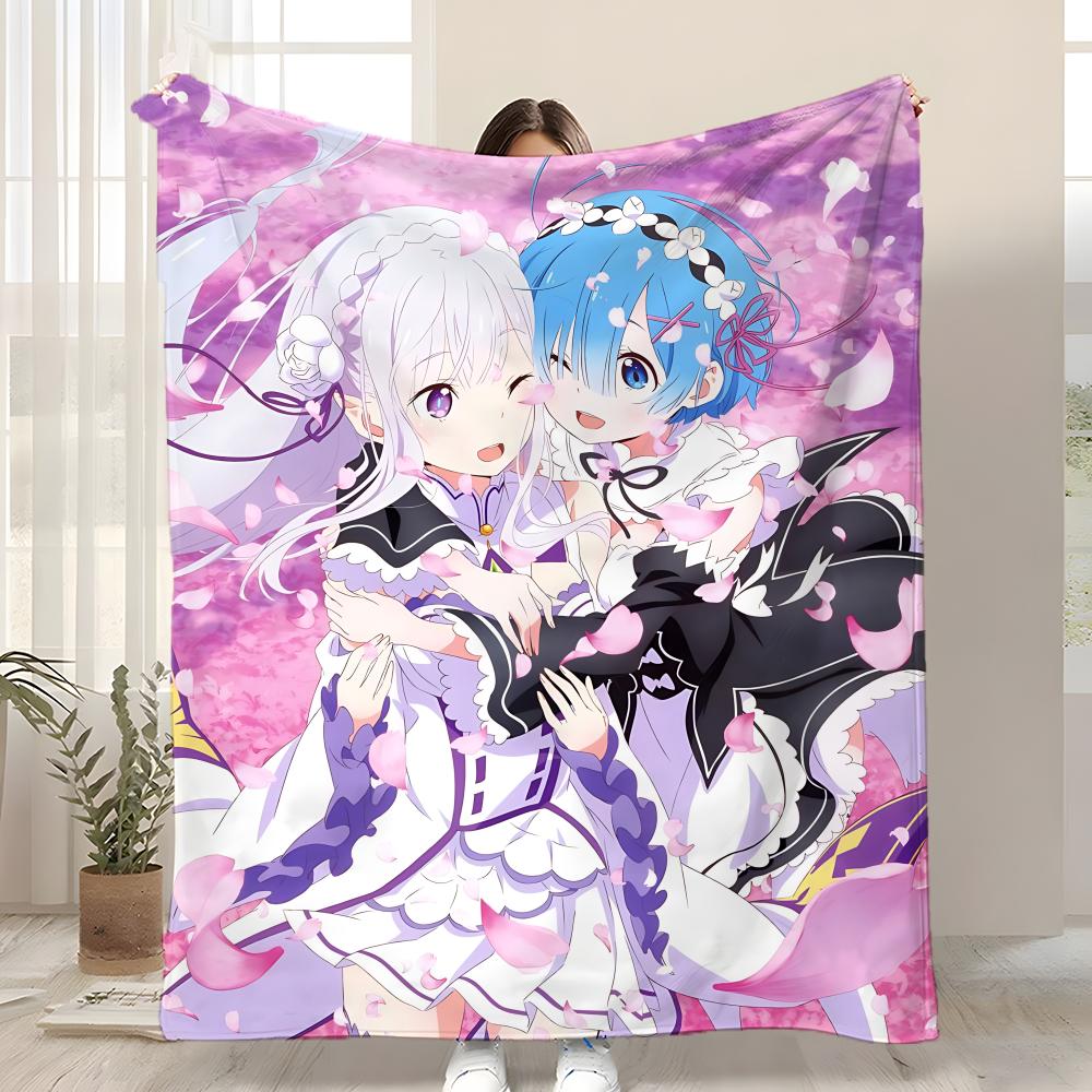 Anime ReZero Throw Kid-Friendly Flannel Throw Blanket Soft Warm Anti-Static Washable All Season
