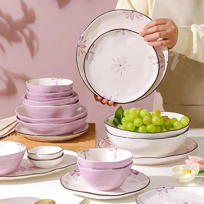 Romantyczne Fioletowe Ceramiczne Talerze Lekki Luksus Restauracja Talerz na Owoce i Sałatkę Domowa Kuchnia Talerz do Pasty Wykwintne Miseczki do Ryżu