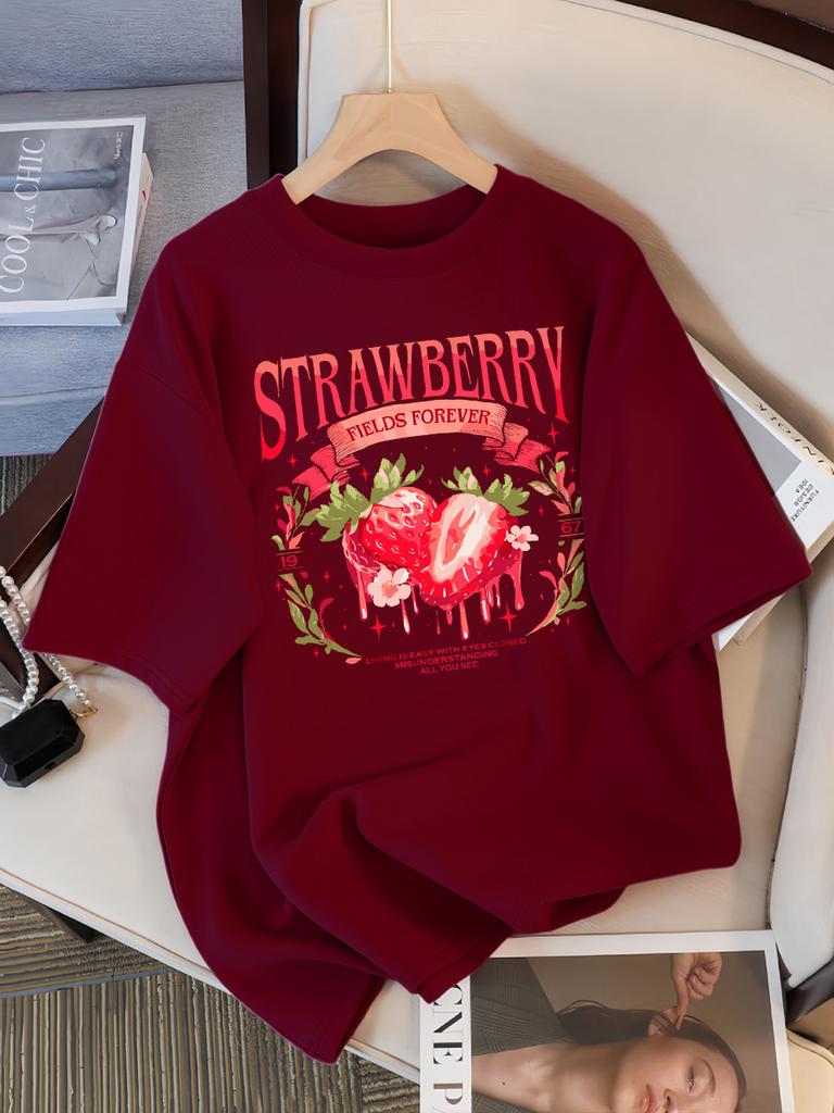 Strawberry Fields Forever Print T-Shirts Damen Atmungsaktives Baumwoll-T-Shirt Hip Hop Locker Streetwear All-Match Freizeitkleidung