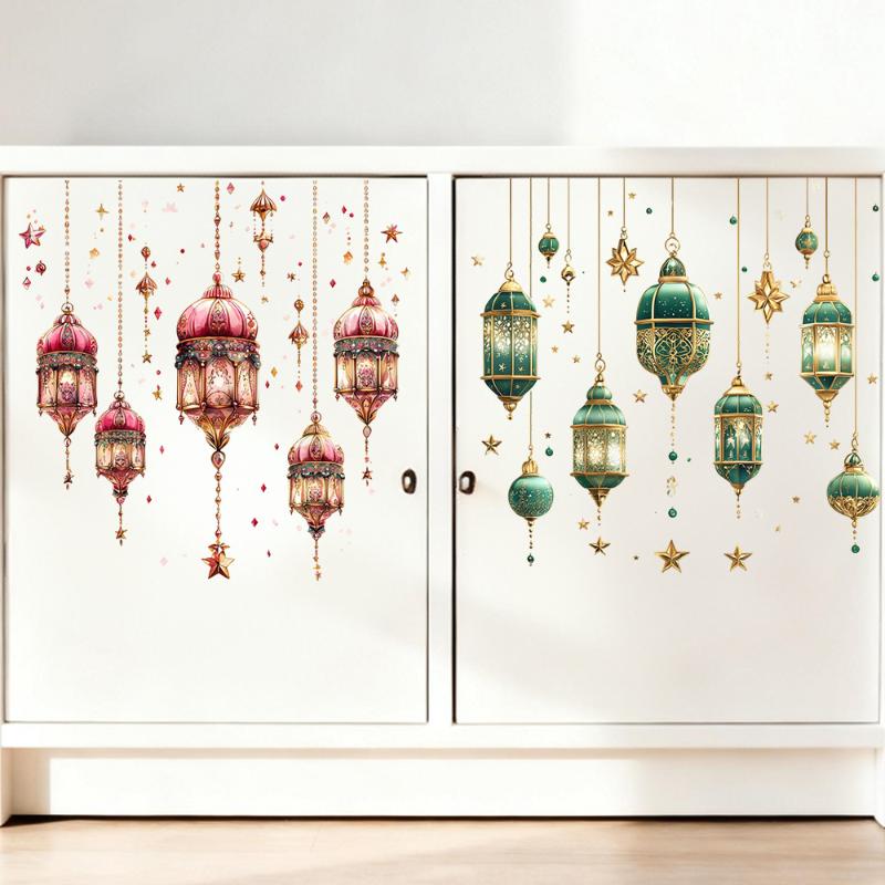 Ramadan Kareem Wall Stickers Colorful Lantern Moon Star Window Decal Ramadan Decoration 2026 Eid Mubarak Muslim Party Decor