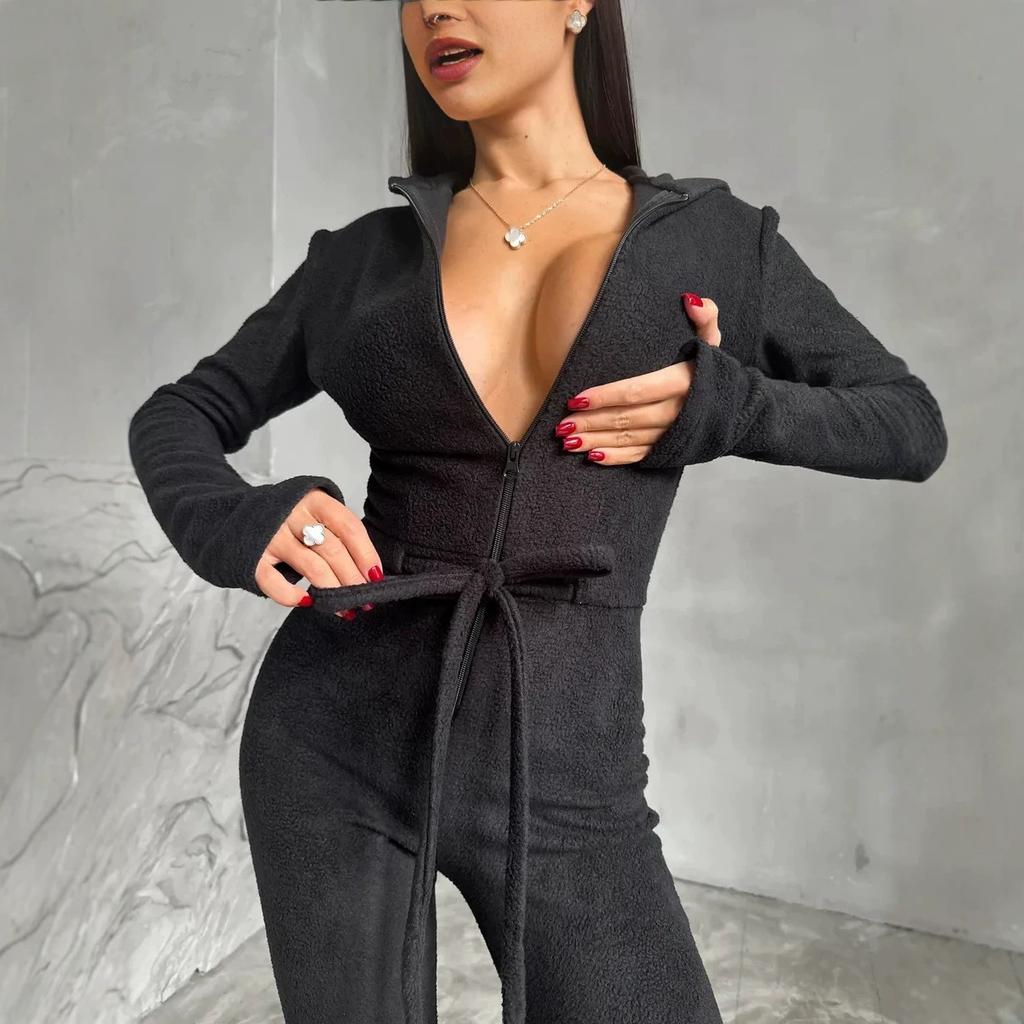 Fleece Slim Fit Hooded Jumpsuit Women's, Front and Mid Full Zipper Strap Waist Tights Casual Jumpsuit