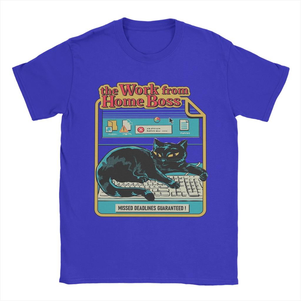 Vintage Work from Home Boss Cat Playing Computer Games T-Shirt Men Pure Cotton T Shirt Short Sleeve Tee Shirt Plus Size Clothing