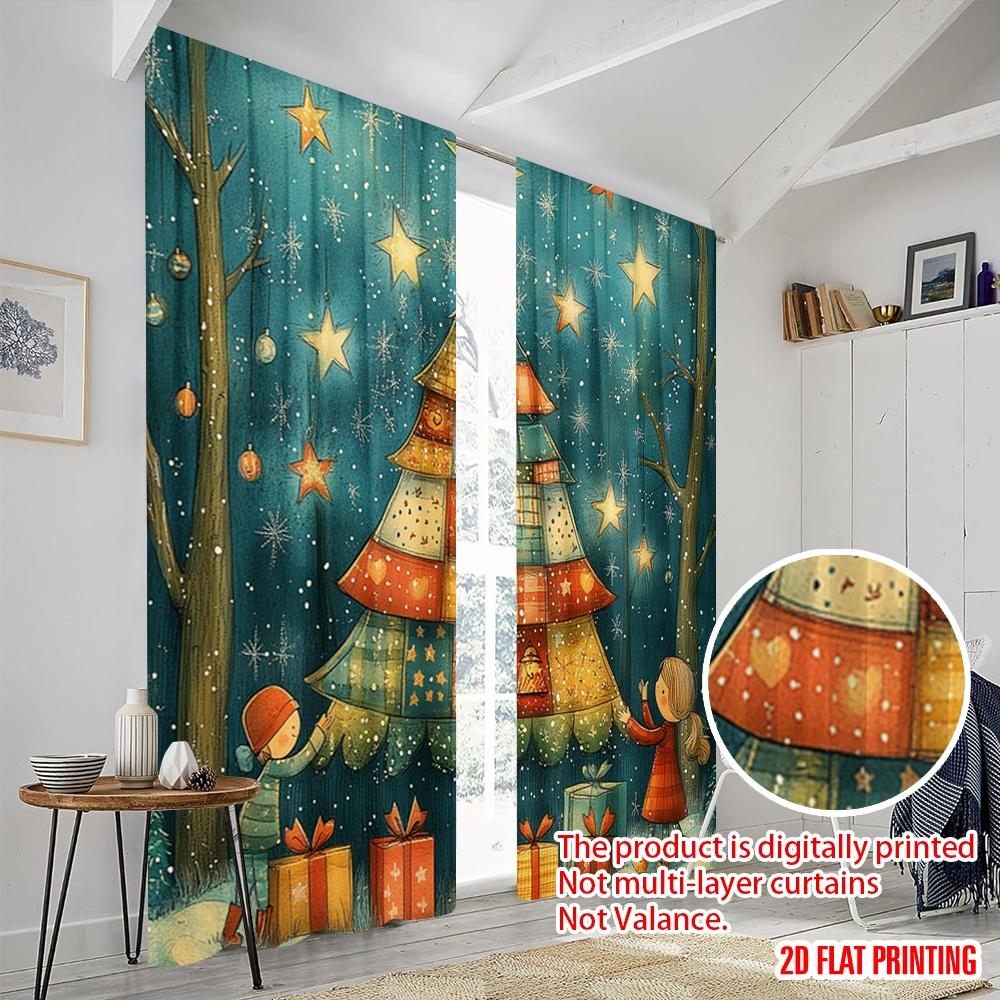 2pcs,2D plane printing Curtain Popular Charming Festive Christmas Tree Scene (2) Polyester (without rod) Home Decor for Bedroom,