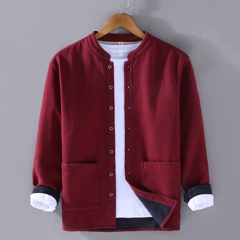 Winter Warm Shirts for Men Chinese Style Traditional Stand Collar Disc Buckle Shirts Male Thicken Casual Tops Cotton Linen Fleece Jacket