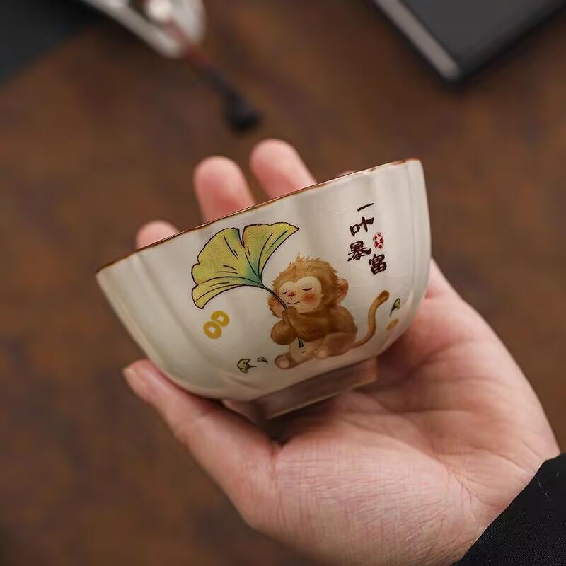 One Leaf Rich Teacup Beige Ru Kiln Master Cup Kung Fu Tea Set High-End Tea Cup Drinking Bowl Ceramic Tea Cup