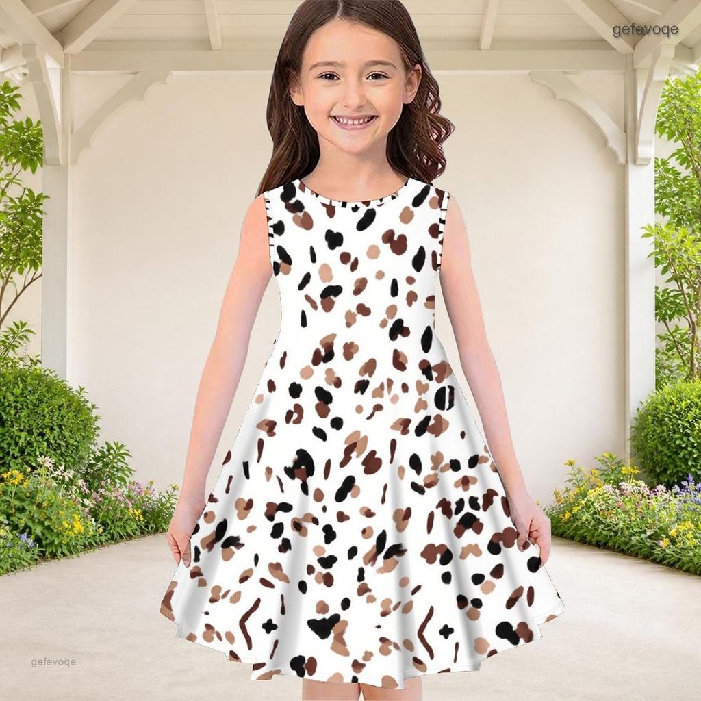 Girls Round Neck Sleeveless Printed A Line Flared Hem Dress