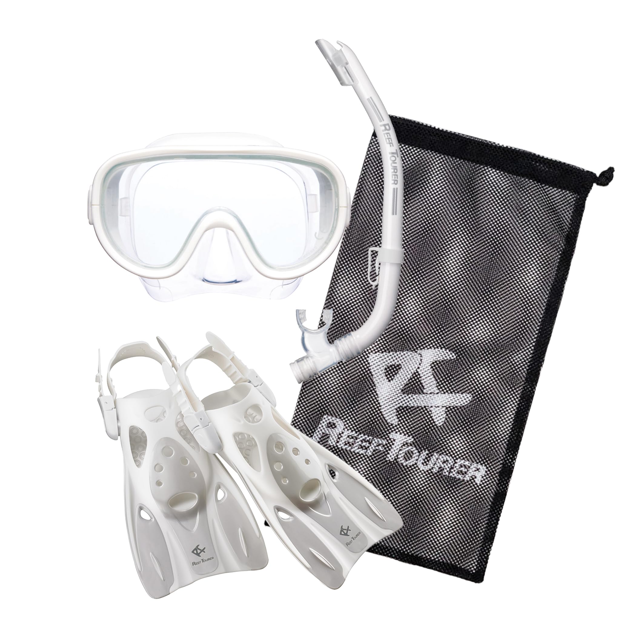 

REEF TOURER набор для снорклинга с сеткой для возраста 10 лет и панорамная маска-трубка с волноотсекателем, легкий, компактный размер M, 3-компонентная сумка, вверх, широкий обзор + + белый