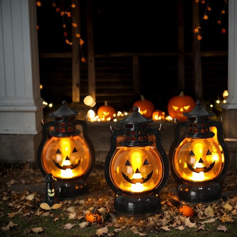 LED Warm Light Halloweens Pumpkin Lantern Safe Plastic Materials Easy Assembly Portable Decoration for Home School Event
