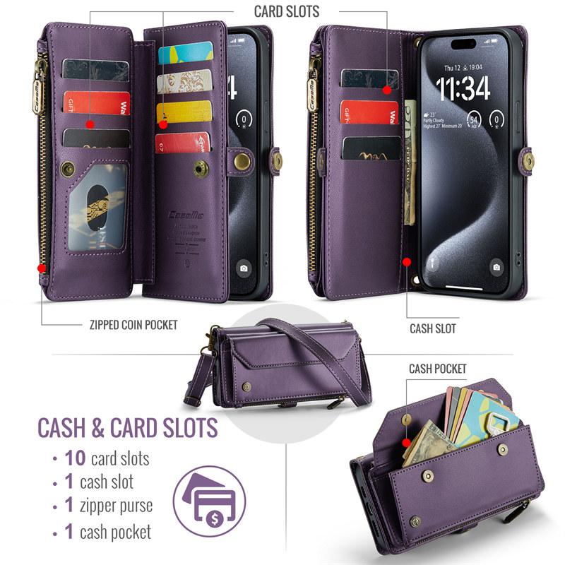 Capa de Celular de Couro Flip com Cordão Longo para iPhone 17 Pro Max Air 16E 16 Plus 15 14 13 12 11 X XS XR SE 2022 8 Carteira com Zíper Porta Multi Cartões Capa