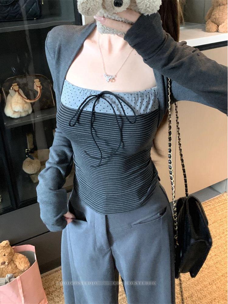 Women's Polka Dot Long Sleeve Square Neck T-shirt with Korean-Style Butterfly Tie - Slimming Autumn Winter Base Layer Top