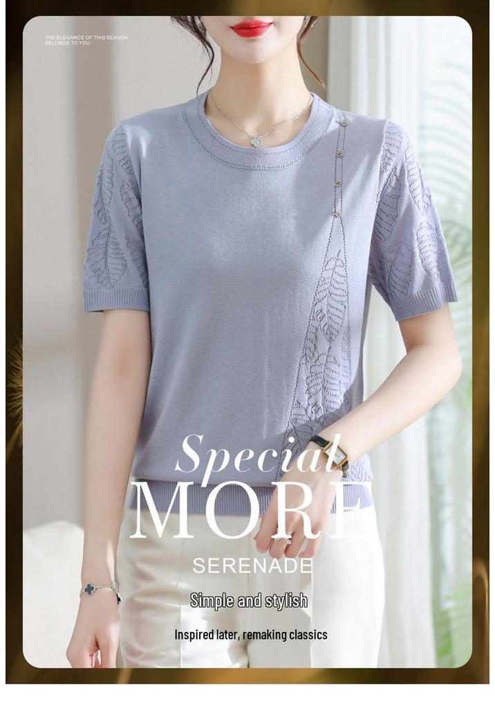 Mom's Summer Ice Silk Short-Sleeve Top for Middle-Aged Women