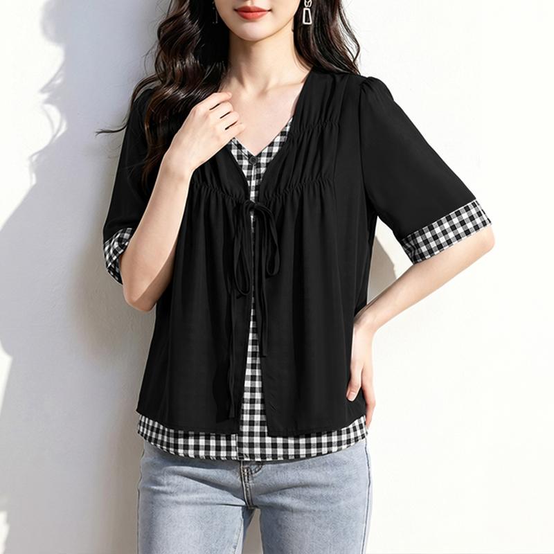 ZANZEA Women Grid Print Splice V-Neck Casual Short Sleeve Blouse S чёрный