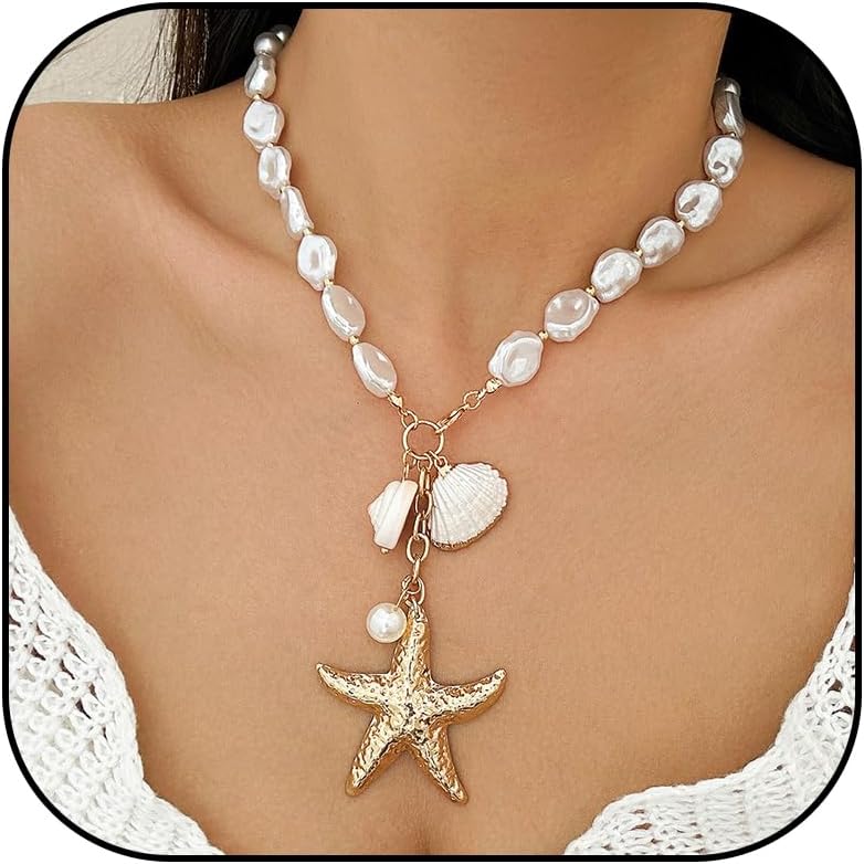 YANCHUN Shell Necklace Beach Jewelry for Women Sea Shell Necklace Layered Gold Shell Charm Necklaces Summer Outfits for Women Beach Fashion