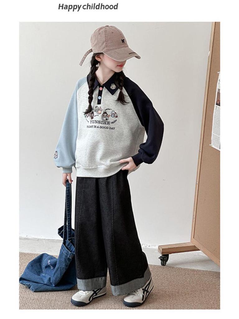 Mädchen 2025 Herbst Polokragen Raglanärmel Sweatshirt - Stilvolles Herbstoberteil für mittlere und große Kinder