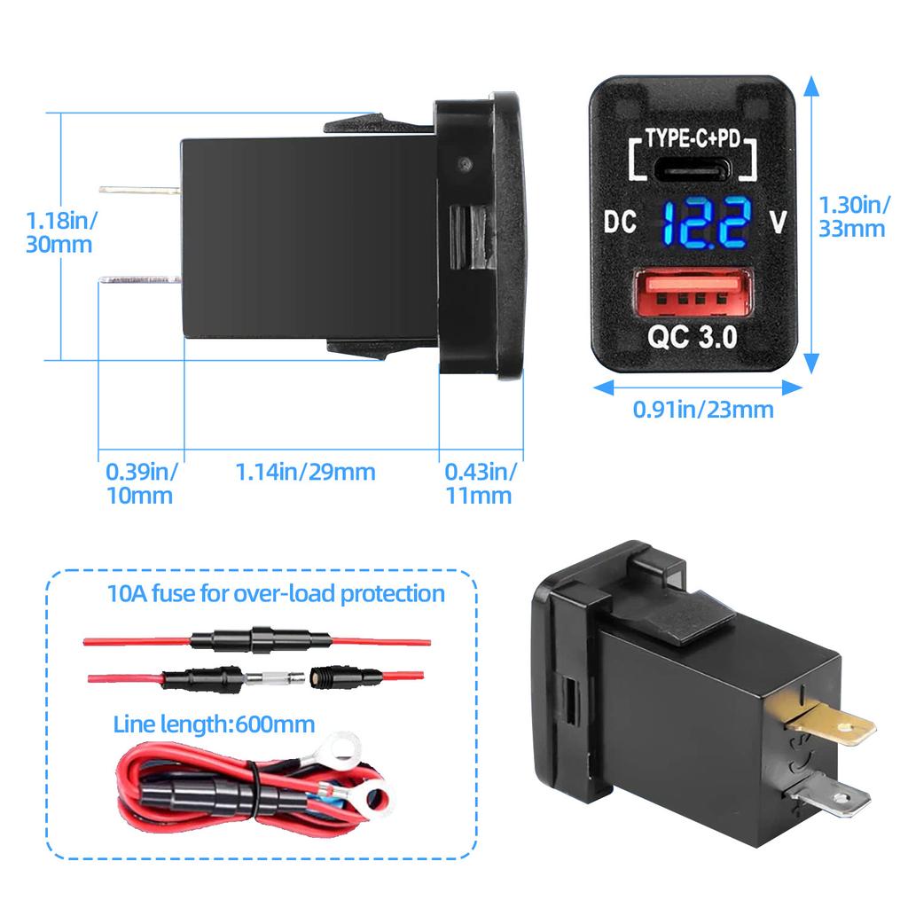 12/24V Quick Charge 3.0 and PD USB C Car Charger Socket Power Adapter with Digital LED Voltmeter for Vehicles