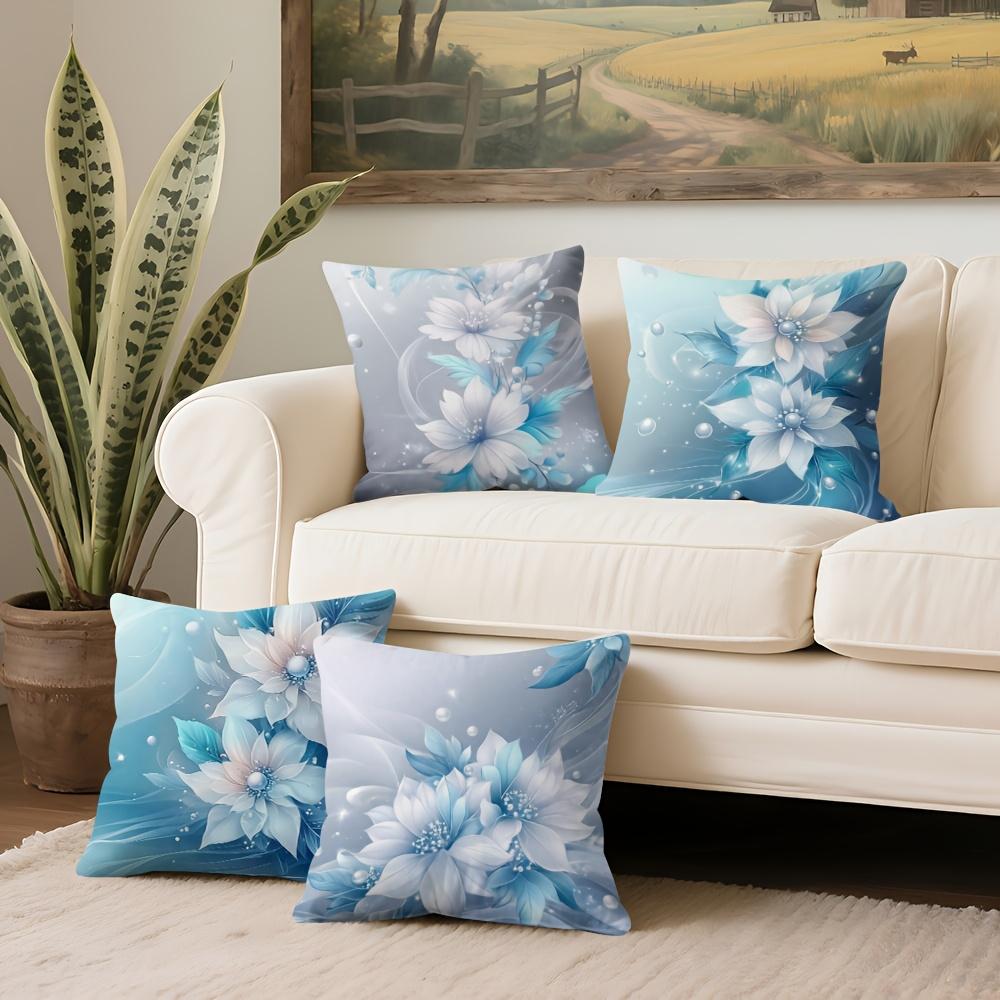 Blue And White Gradient Flowers Single-Sided Digital Printing Pillow Cover Short Plush Suitable Living Rooms Bedrooms Sofas