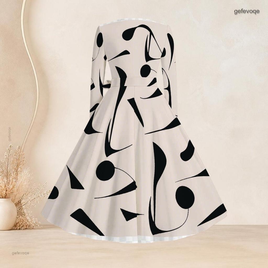 Plus Size Women Square Neck Long Sleeve Blue White Printed A Line Dress With Belt