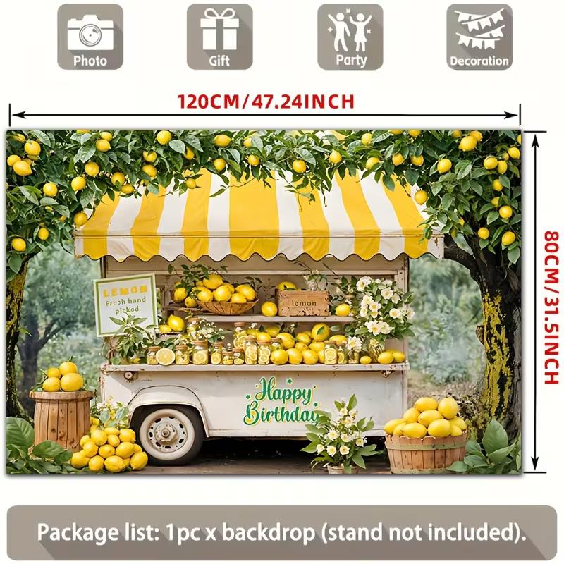2D Lemon Truck Birthday Backdrop, Yellow Lemonade Cart Party Photo Booth Background Banner