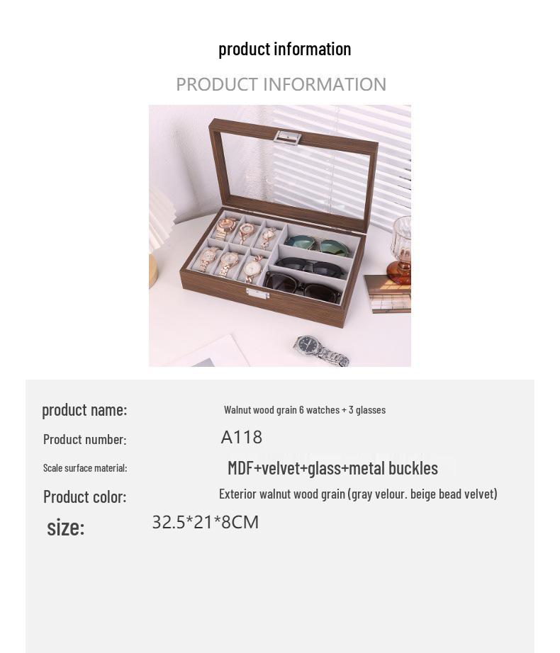 Black Walnut Wood Grain Box: Multifunctional Storage for 6 Watches & 3 Eyeglasses