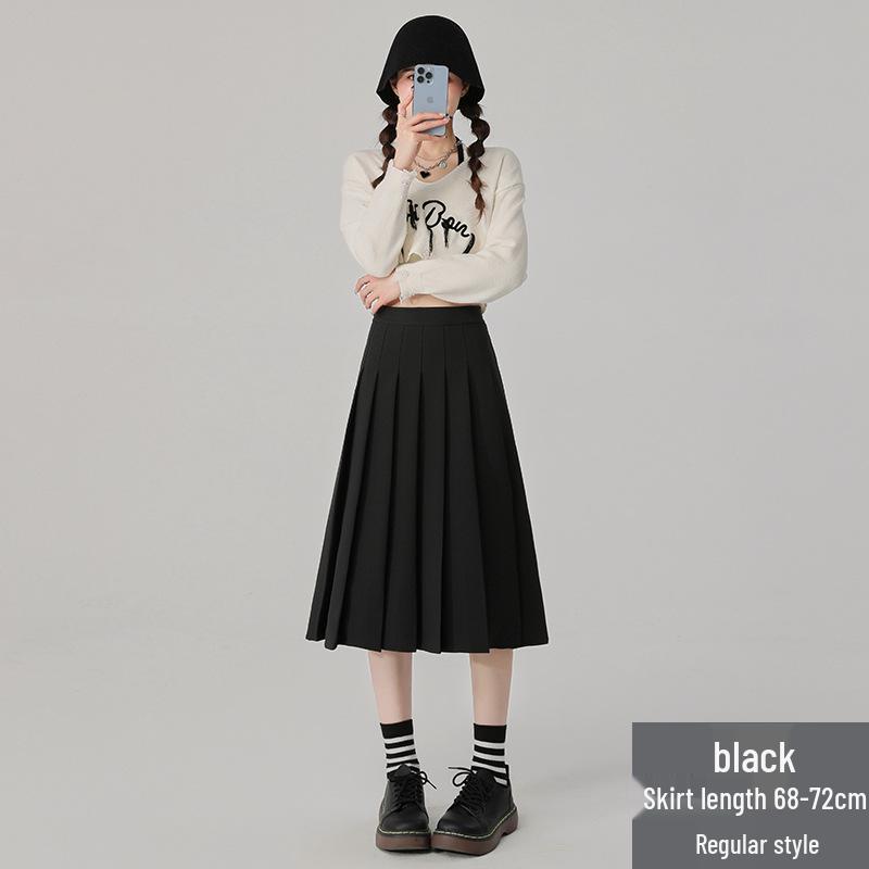 

Gray Korean-Style High-Waisted Pleated Midi Skirt for Petite Women: Spring/Autumn A-Line Umbrella Design Large