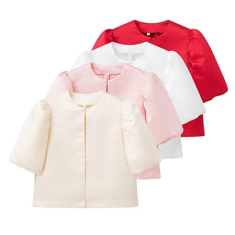 

2025 Spring Women s Fashion Satin Puff Sleeve Loose Top Large
