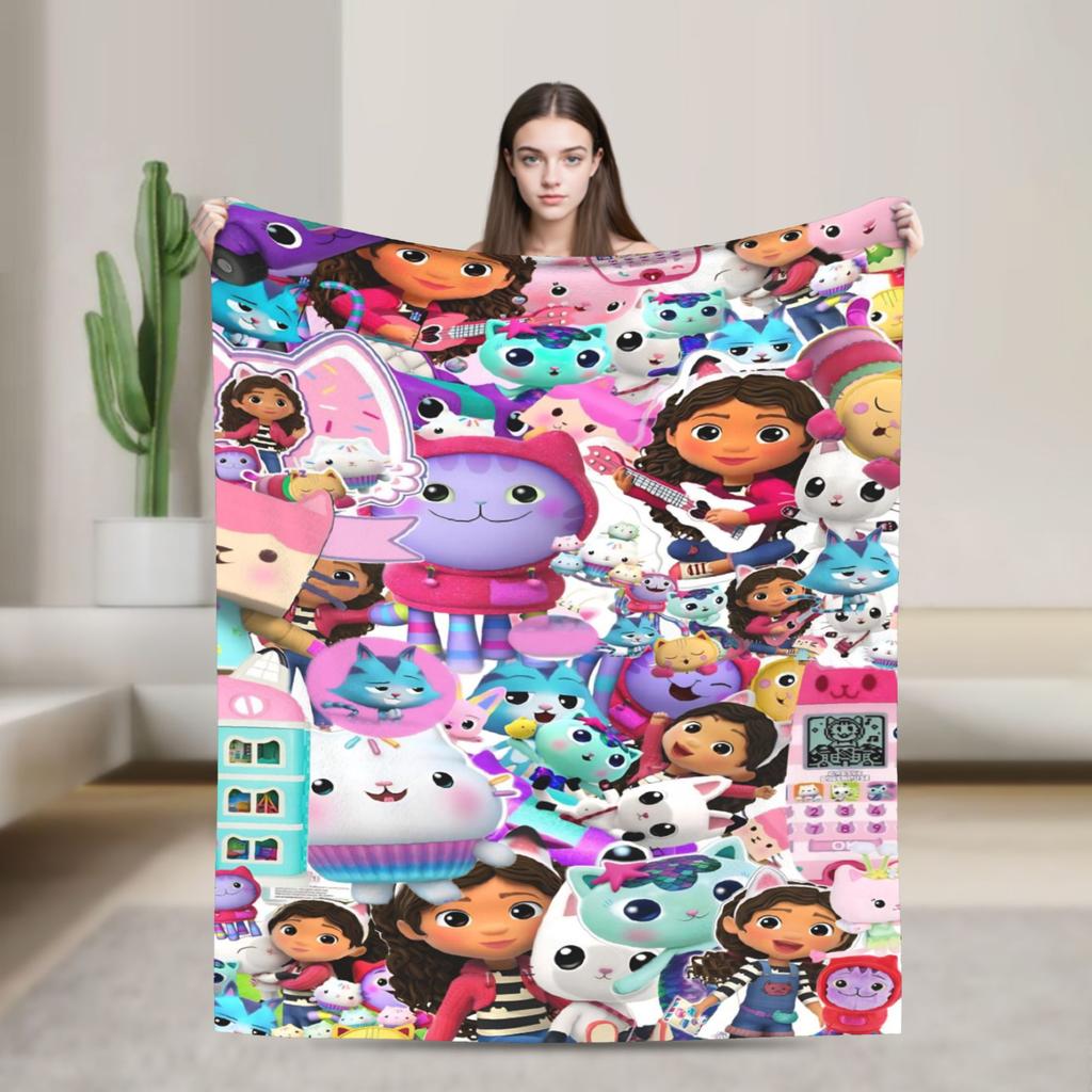 Cartoon Cute Gabby Dollhous Flannel Blanket Soft Durable Bedding Throws for Bedroom Picnic Fluffy Bedspread Sofa Bed Cover