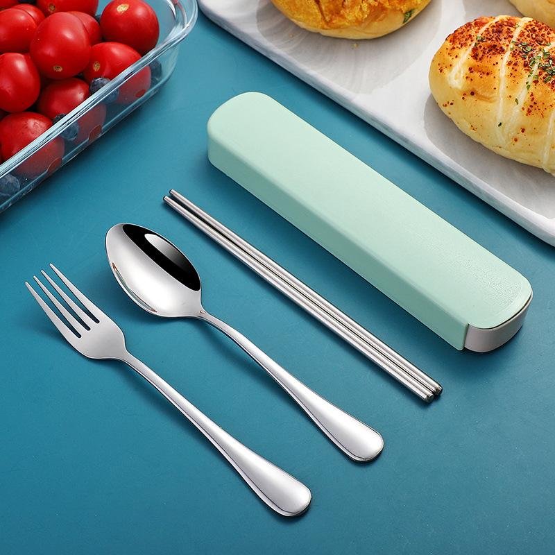 Stainless steel portable storage tableware set, chopsticks, spoons, student office workers with box, fork and spoon three-piece set