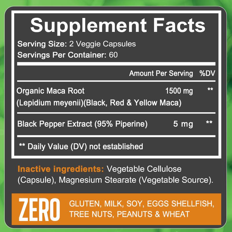 Capsule di Radice di Maca 1500mg, Estratto di Radice di Maca Nero Rosso Giallo, 120 Capsule Vegetariane, Integratore Alimentare