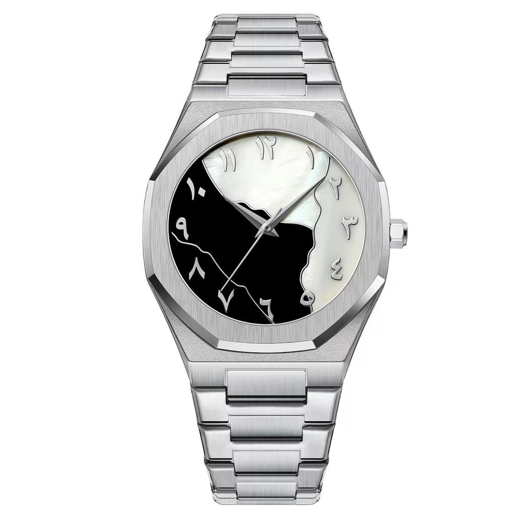 Waterproof Men's Watch Arabic Numeral Alloy Case Stainless Steel Luxury Shiny Black Silver Watch