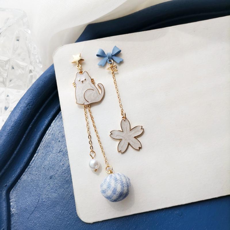 Cute Enamel Cat Balloon Stud Earrings for Women Korean Trendy Lovely Rabbit Flower Asymmetrical Tassel Earring Party Jewelry