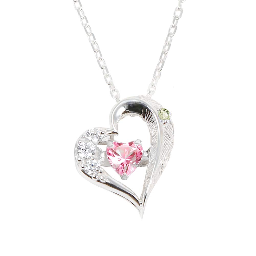

[Future Angel] Necklace for Women, Heart Feather, Dancing Stone, Silver, Choice of Birthstone: Baby Pink (August: Peridot)