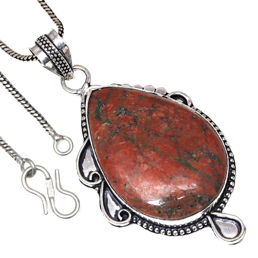 Pendant Unakite Jasper Gemstone Handicraft Valentine'Day Silver Jewelry 2.25"
