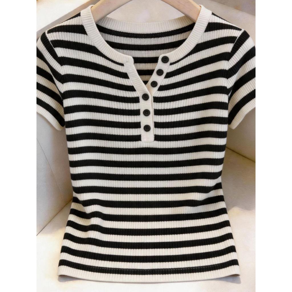 Korean Striped Collar Short Sleeve Knit Top - Women's Summer Casual Fashion Slimming Tee