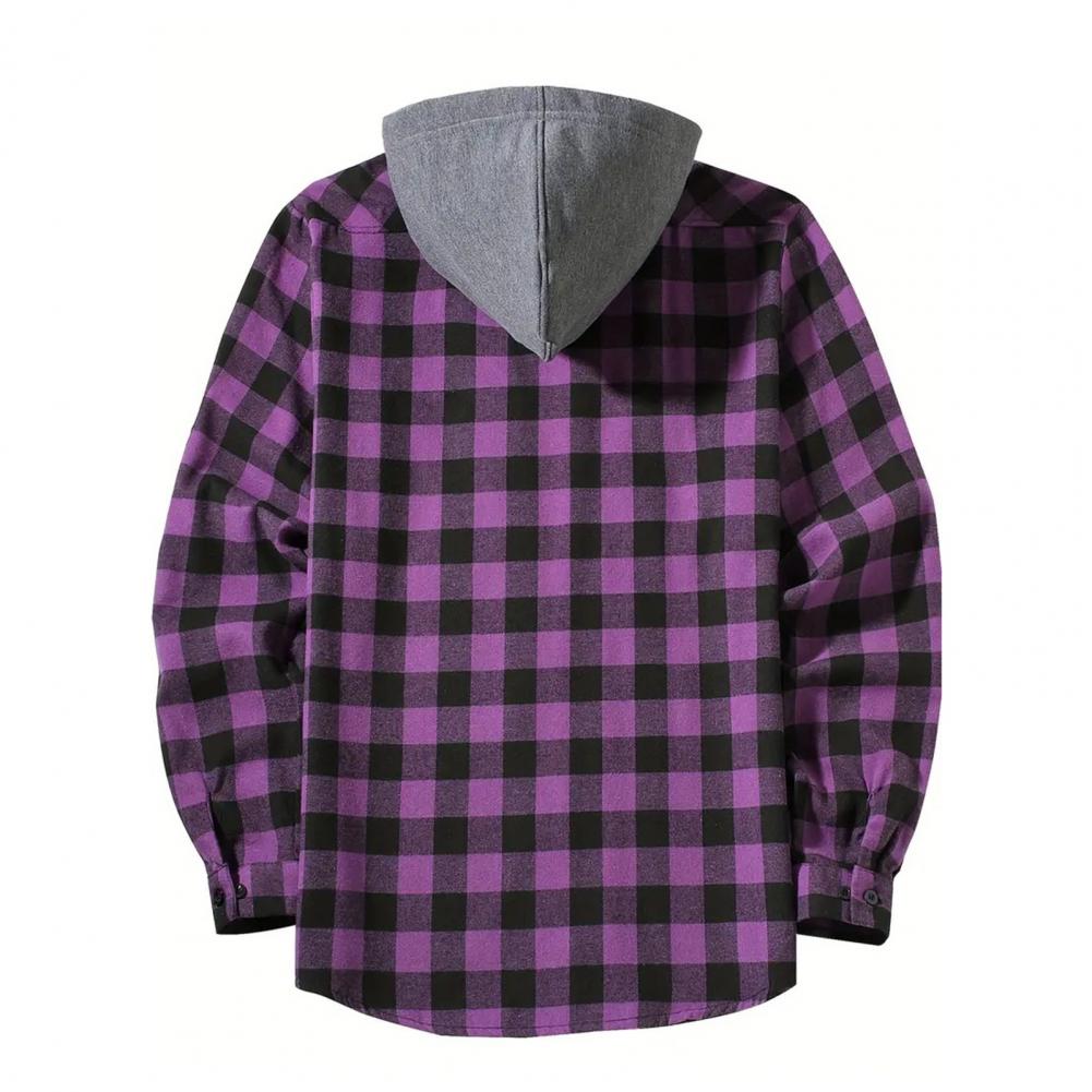 Fall Spring Men Shirt Hooded Drawstring Long Sleeves Color Matching Plaid Print Single-breasted Daily Wear School Home Shirt Coa