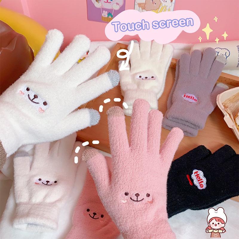 Smile Face Printing Gloves Mobile Phone Touchscreen Knitted Gloves Women Winter Thick Warm Adult Soft Mink Fluffy Gloves