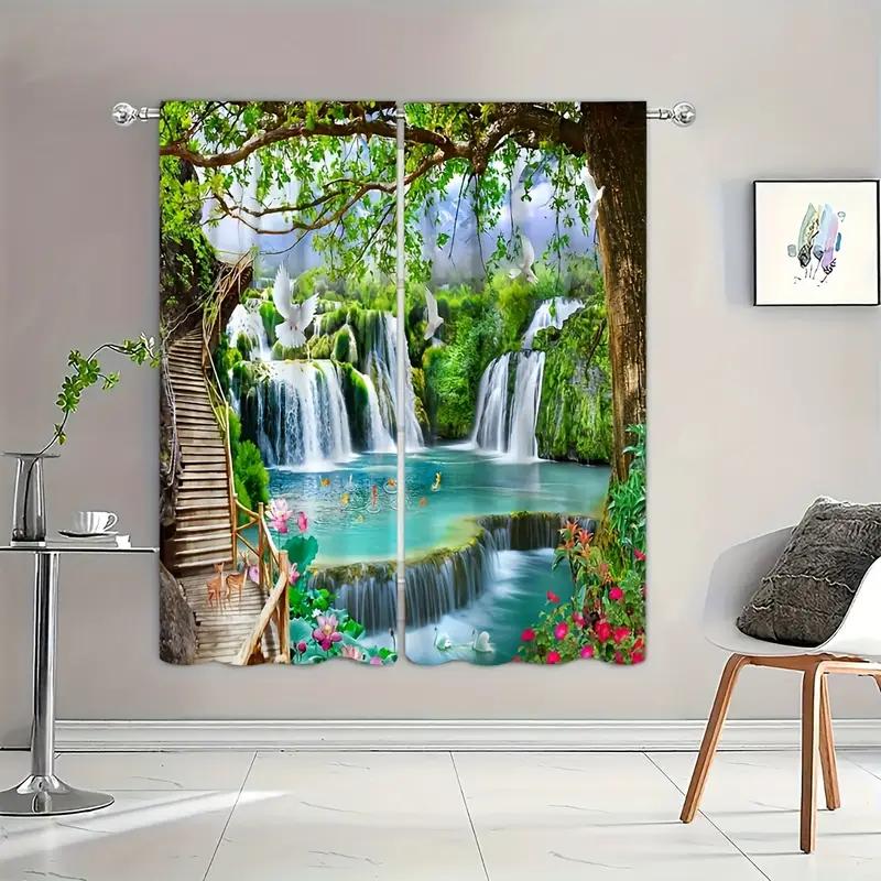 Set Of 2 Scenic Waterfall Floral Printed Curtains Designed Quality Material Ideal Nature Inspired Home Curtain With Semi Sheer Polyester