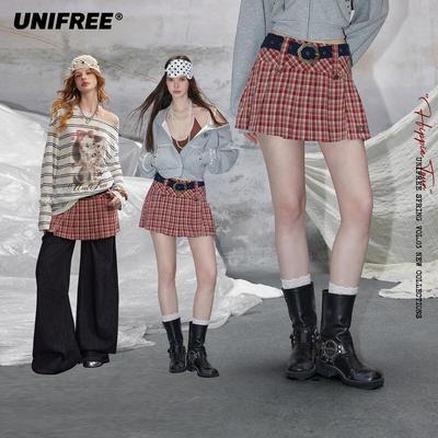 Plus Size American Retro Plaid Low-Waist Mini Skirt with Belt