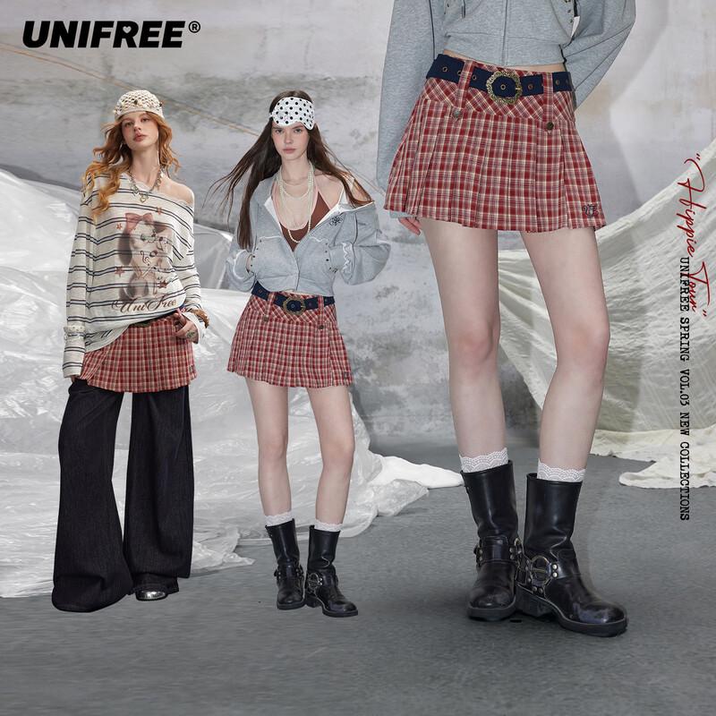 UNIFREE Plus Size American Retro Plaid Low-Waist Mini Skirt with Belt 2XL