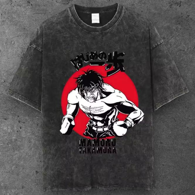 Unisex Retro Japanese Boxing Graphic T Shirt Black Anime Streetwear S-2XL S