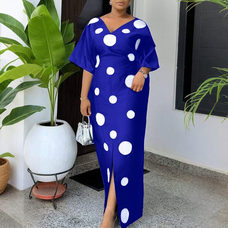 Oversized Women Half Sleeve Polka Dots Print Slim Waist Casual Loose Maxi Long Dress