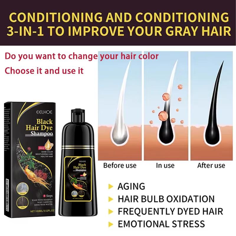 EELHOE Schwarzes Haarfärbeshampoo, 3-in-1, Wachstum, sauberes Haar, Verdunkelung, tiefenwirksame Pflege, schwarzes Haarfärbeshampoo, natürliche organische Kräuter