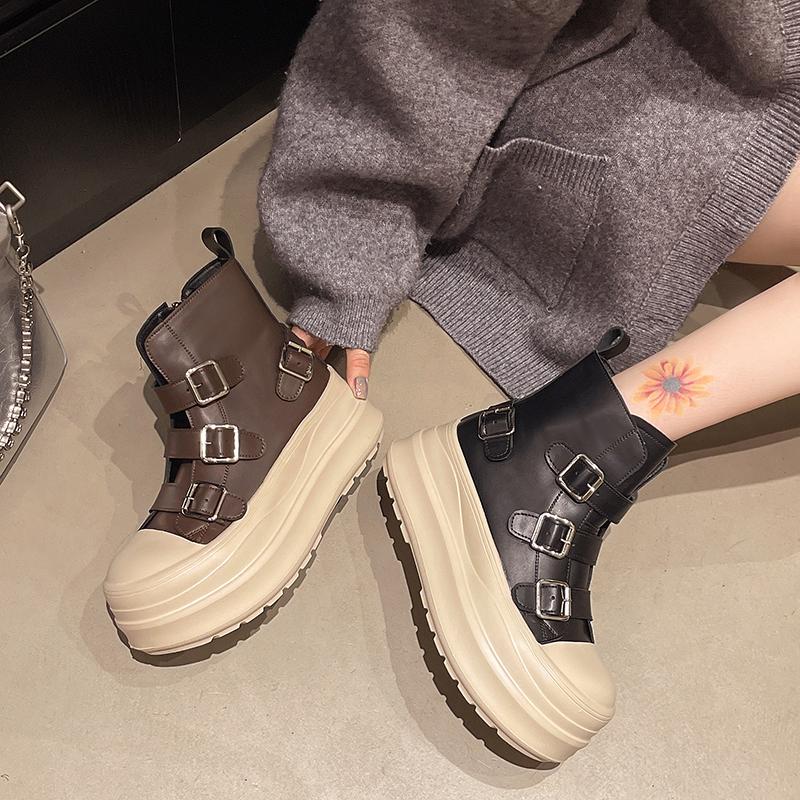 Fashion Platform Booties Autumn New Round Toe Metal Buckle Colorblock Side Zipper Anti-Slip Wear-Resistant Single Shoes