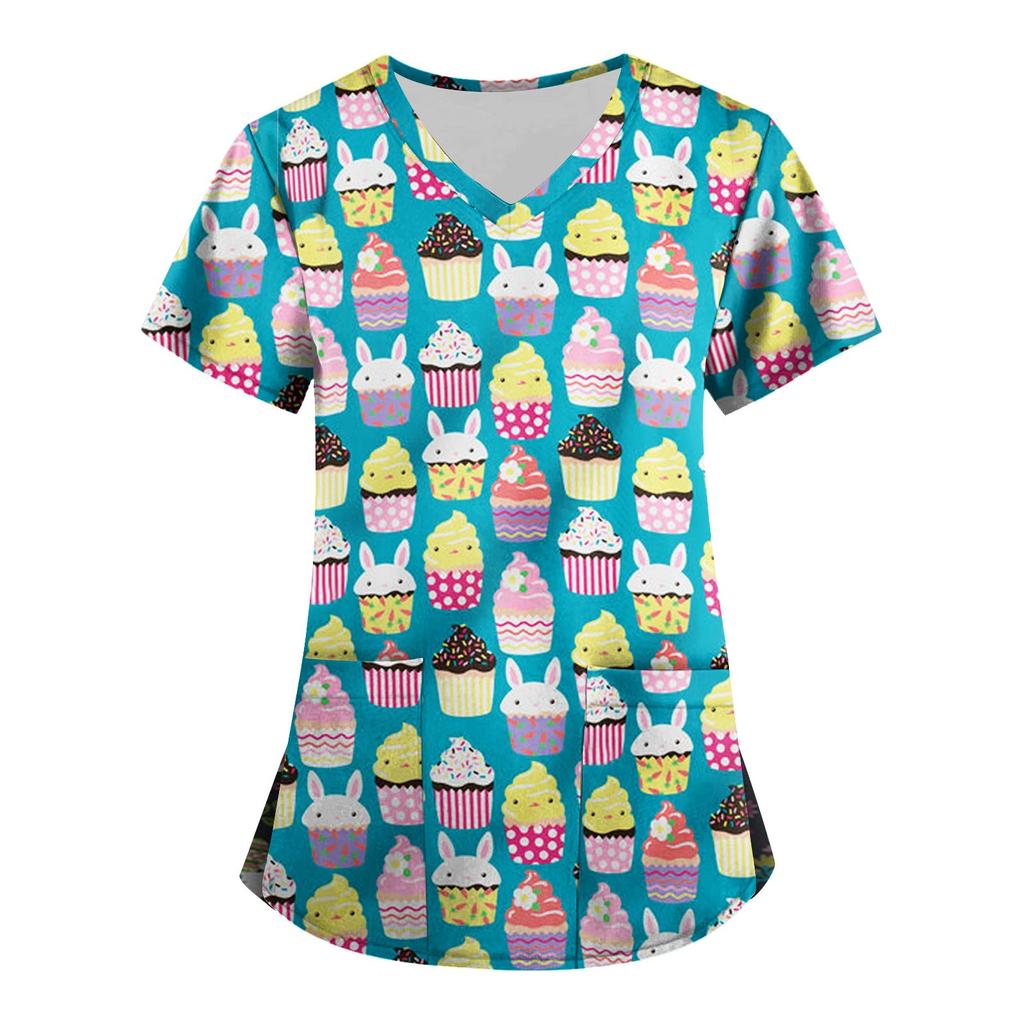 Women's Fashion V-neck Short Sleeve Workwear With Pockets Printed Tops