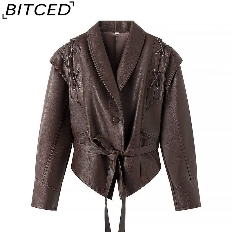 

BITCED Spring/Fall Women s Versatile Vintage Single-Breasted Leather Jacket with Belt XL темно-коричневого кольору