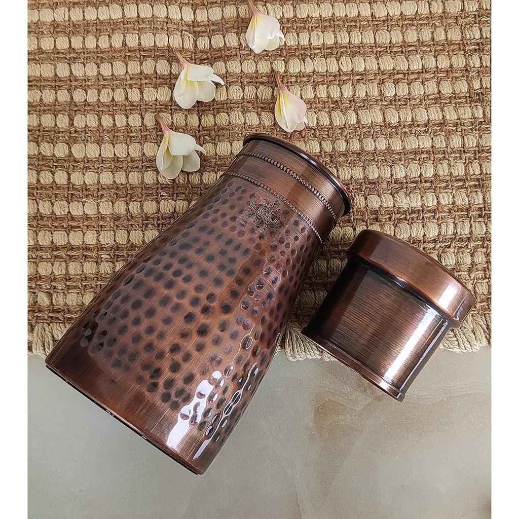 Pure Copper Bedroom Water Bottle with Inbuilt Glass, Hammered Antique Design - Drinkware & Storage Purpose, Volume 900 Ml (Pack of 2)