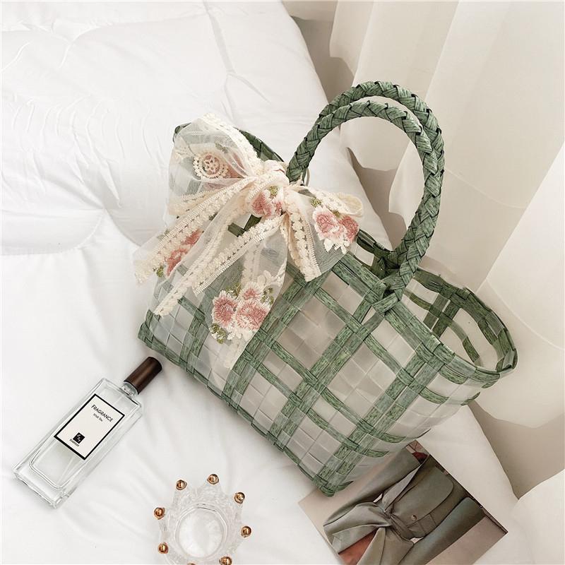 Yogodlns Summer Women Lace Bow Transparent Handag Large Capacity Beach Casual Woven Shopping Basket Tote Bag