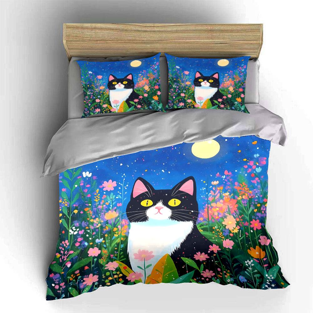 Black Cat and Red Fish Design Bedding Duvet Cover Set Duvet Cover Pillowcases  (1*Duvet Cover 2*Pillowcases, without duvet insert)