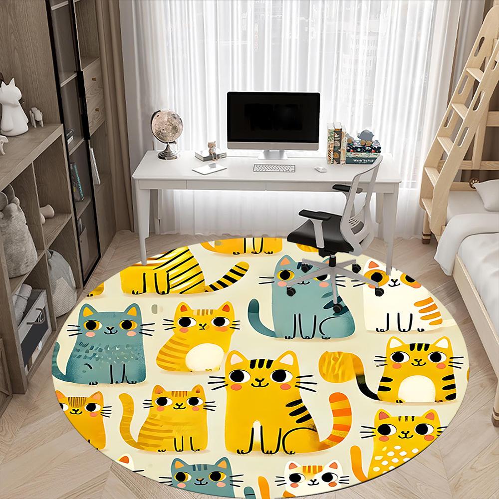 1 szt. Okrągły dywanik biurowy z motywem kota, Mata wewnętrzna odpowiednia do biura, Pod krzesła biurowe, Sypialnia, Salon, Wystrój domu, Dekoracja pokoju