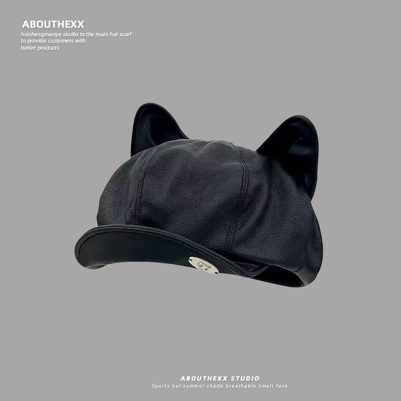 

Новая шляпа из ПУ кожи для женщин, японский ретро берет с милыми кошачьими ушками, осенняя универсальная восьмиугольная шляпа художника M（56-60cm）